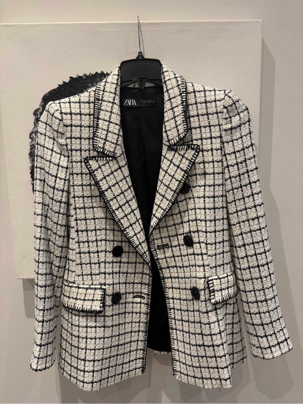 Zara Black and White Checked Tweed Double-Breasted Blazer